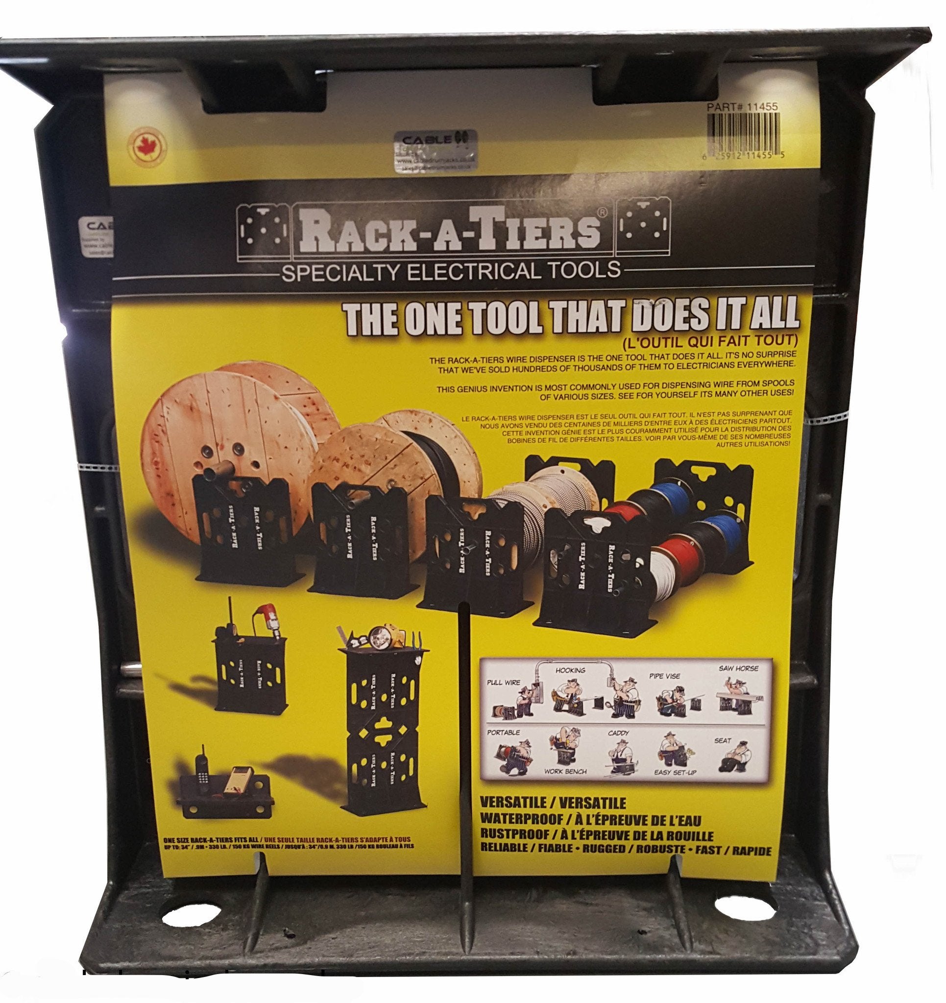 Packaging of Rack-a-tiers wire dispensers showing several applications