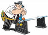 A cartoon sketch of a man using the Rack-a-tiers wire dispensers