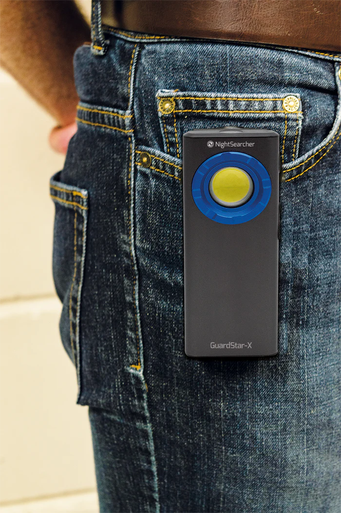 NightSearcher GuardStar X 900 Lumens Inspection Light attached to pocket