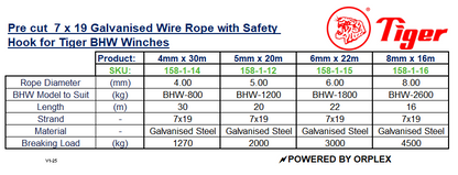 Product Specifications Table for 7x19 Galvanised Wire Rope with Safety Hook for Tiger BHW Winches