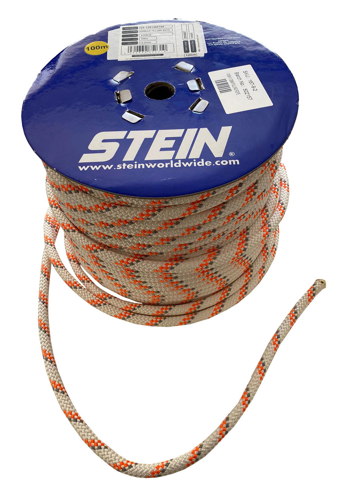 Stein 12mm 100m PE Pulling Rope - White with orange fleck