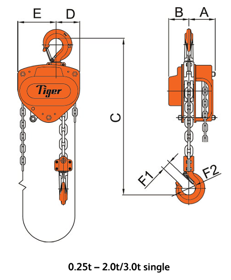 Technical Drawing of Tiger PROCB Chain Block 0.25t to 3t single fall