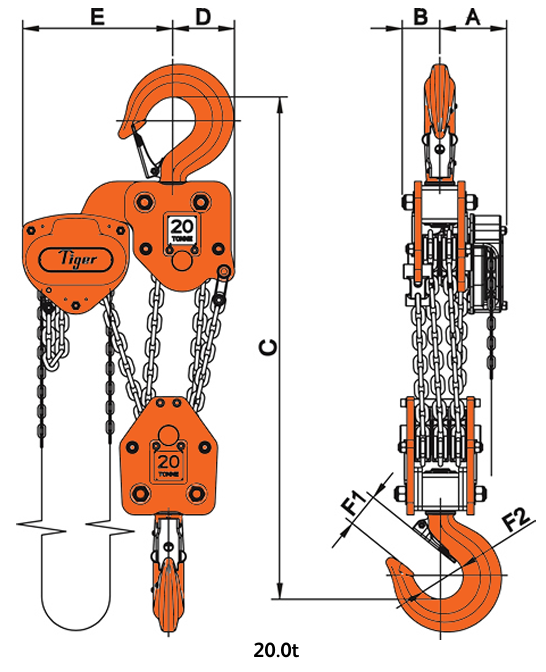 Technical drawing of a Tiger 20t PROCB Professional Chain Block with Labelled Dimensions