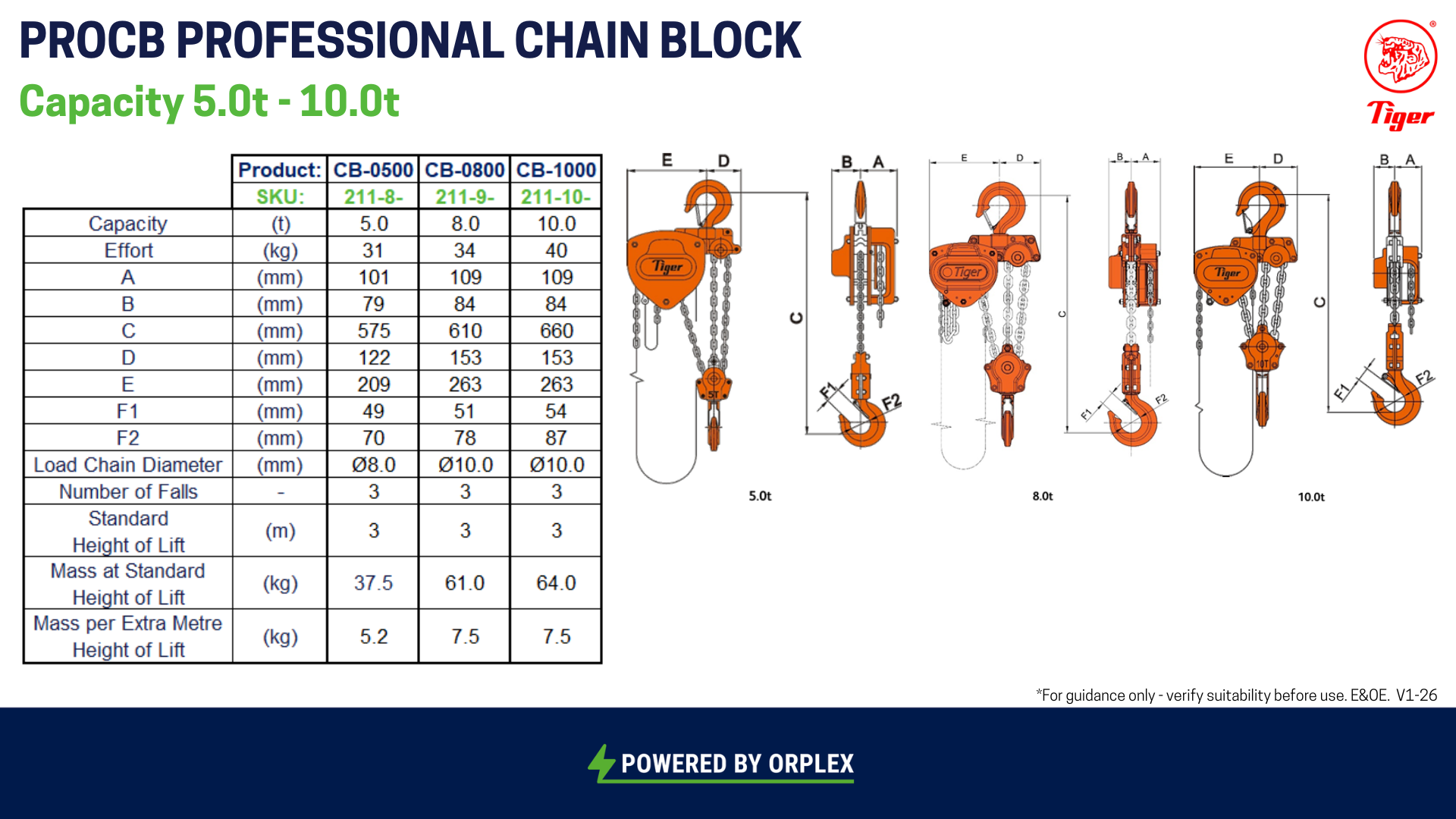 Technical specifications and diagrams of the Tiger PROCB professional chain block 5t-10t capacity
