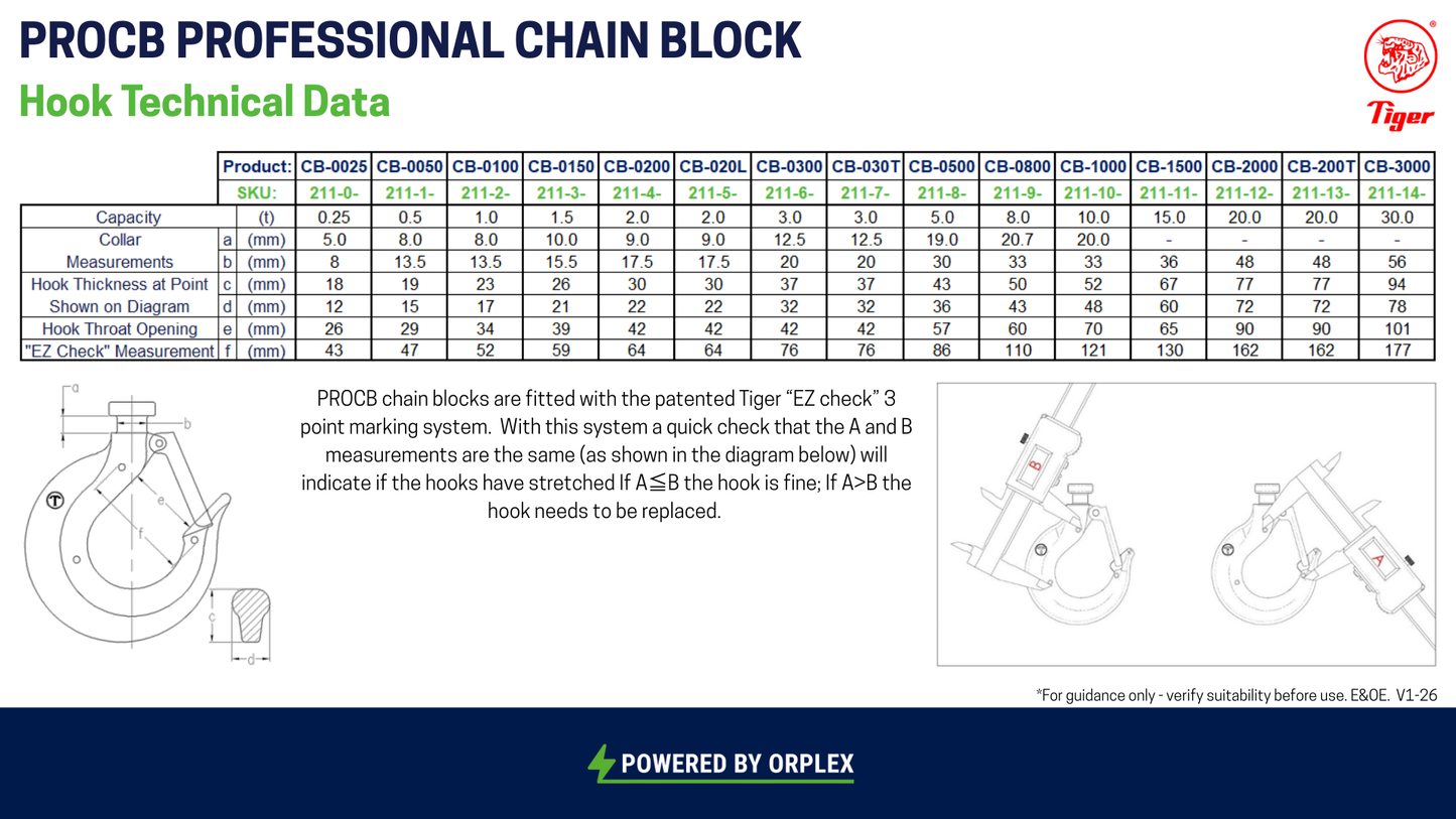 Technical data sheet for Hook on Tiger PROCB Professional Chain Block with hook measurements and specifications.