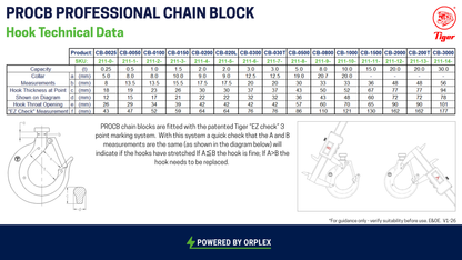 Technical data sheet for Hook on Tiger PROCB Professional Chain Block with hook measurements and specifications.