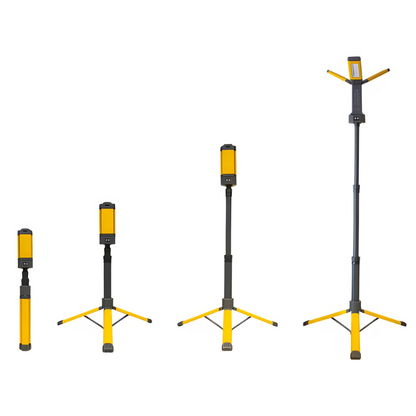 Set of four adjustable tripod stands with yellow accents on a white background for the Nightsearcher Tower Pro 2K  - 2000 Lumens - Rechargeable + AC Work Light from RiggingUK