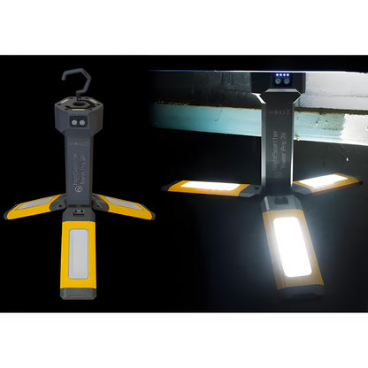 Foldable work light with hanging hook on a dark background