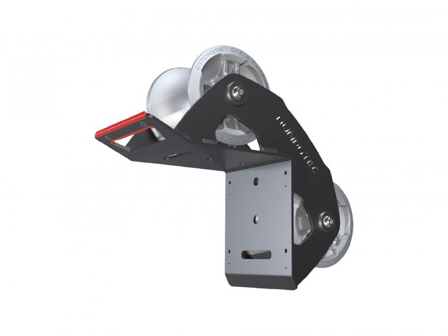 A 90 degree cable guide roller with a robust metal frame and heavy-duty aluminium rollers designed to pull cables gently around corners.