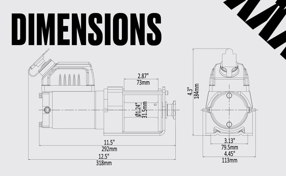 Ninja 2000 (907kg) Electric Winch with Steel Cable 12 Volts main dimensions