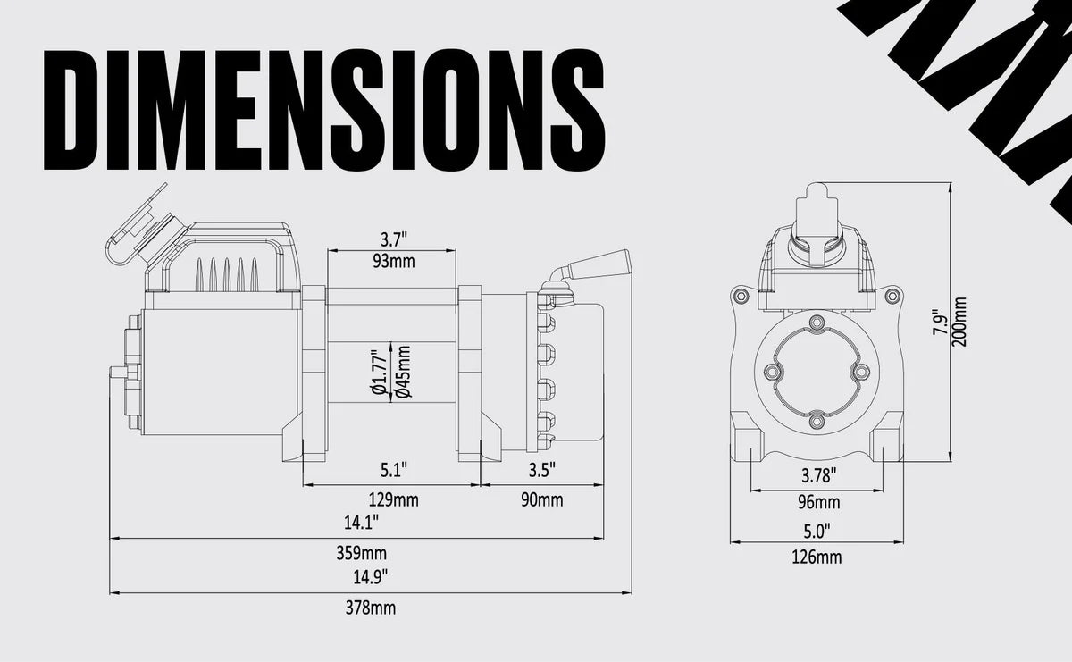 Ninja 4500 (2041kg) Electric Winch with Synthetic Rope Main Dimensions
