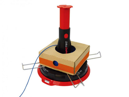 RUNPOTEC Red and Black X BOARD XB 300 Cable Winder + Multi-Function Mandrel Set in use with a box holding blue cable