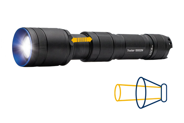 Tracker 1000 Zoom - 1000 Lumens - Adjustable Zoom Spot to Flood Beam, Rechargeable Flashlight