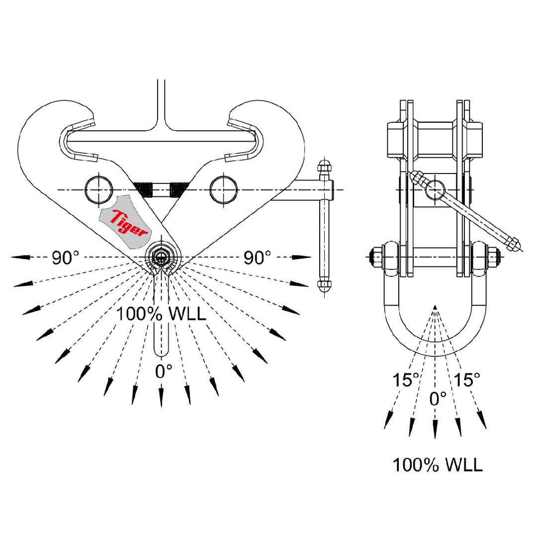 Technical Drawing of Orange Tiger Fixed Jaw Heavy Duty Beam Clamp with Shackle - Type BCF