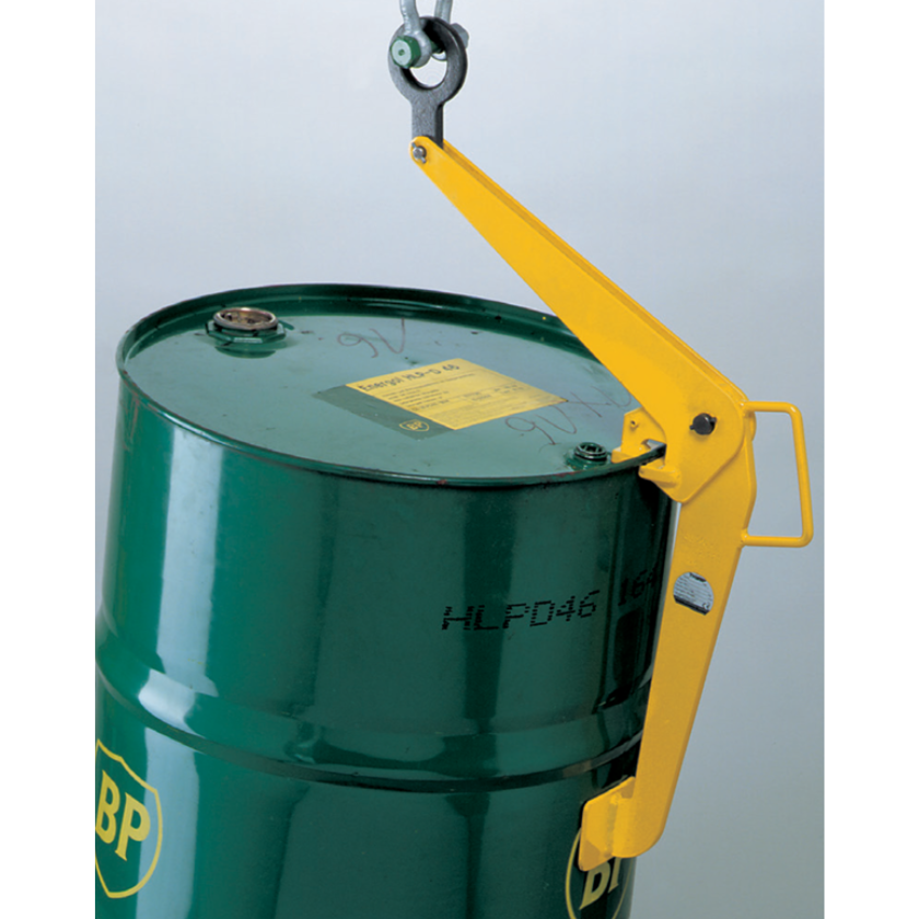 Yellow Camlok DCV500 Vertical Lift Drum Clamp in use