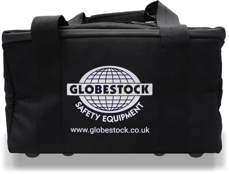Black bag with Globestock Safety Equipment logo and website on a white background