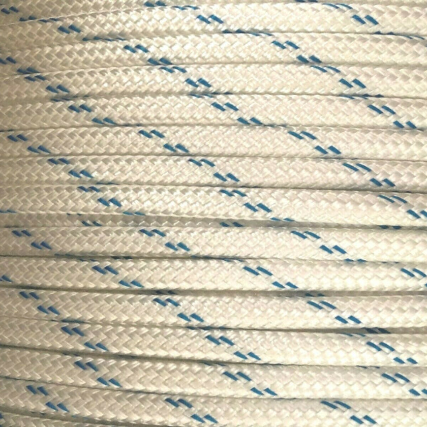Close-up of Orptech Polyester Double Braid Pulling Rope - White with Blue Fleck