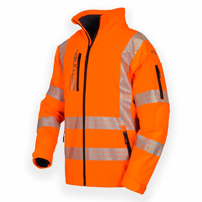 Orange safety jacket with reflective stripes on a white background