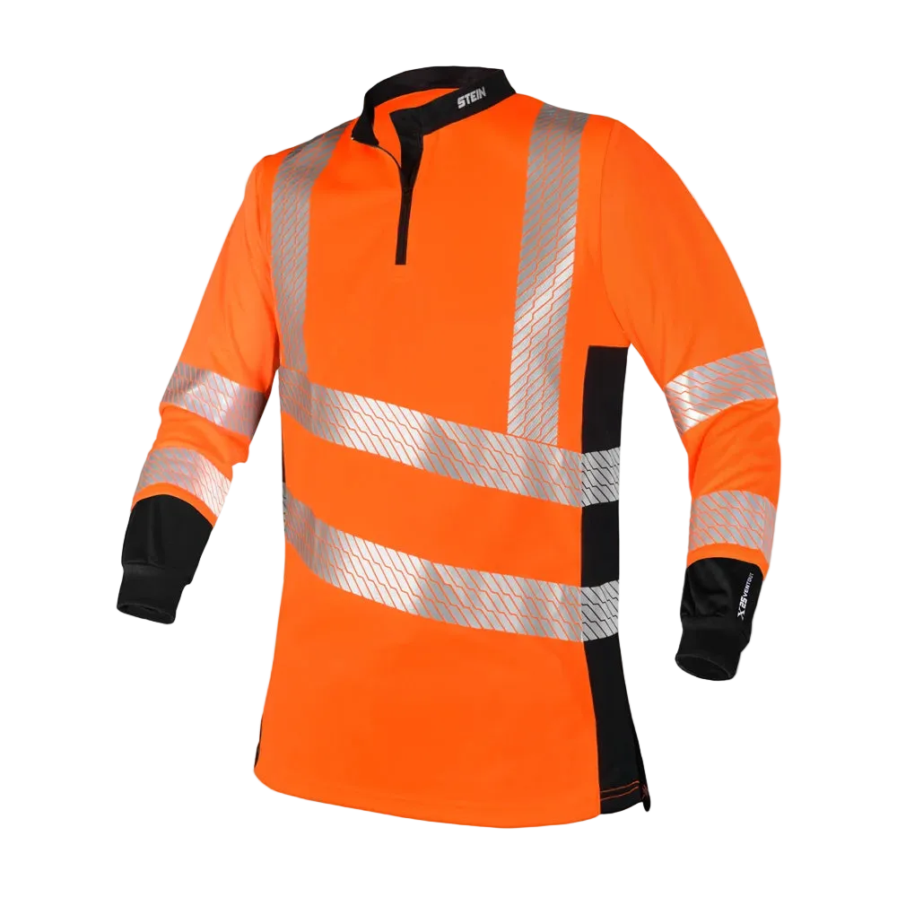 Orange safety shirt with reflective stripes on a white background