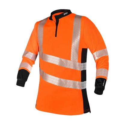 Orange safety shirt with reflective stripes on a white background
