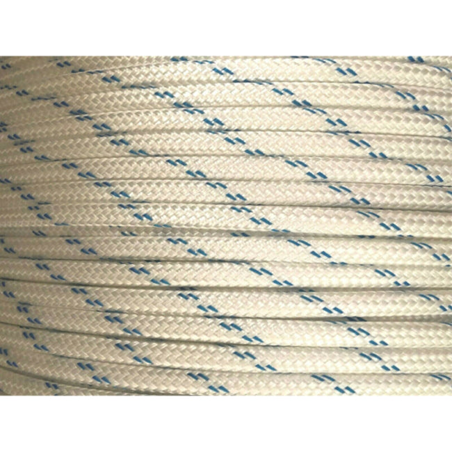 8mm Pulling Rope - (PE 2,050 kgs)  (SGE 1,845 kgs) Polyester Double Braid White with Blue Fleck