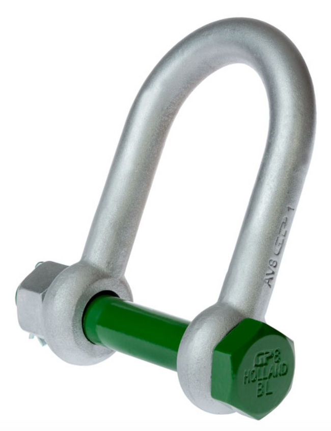 Green Pin BigMouth Grade 8 Dee Shackle with Safety Nut and Bolt Pin