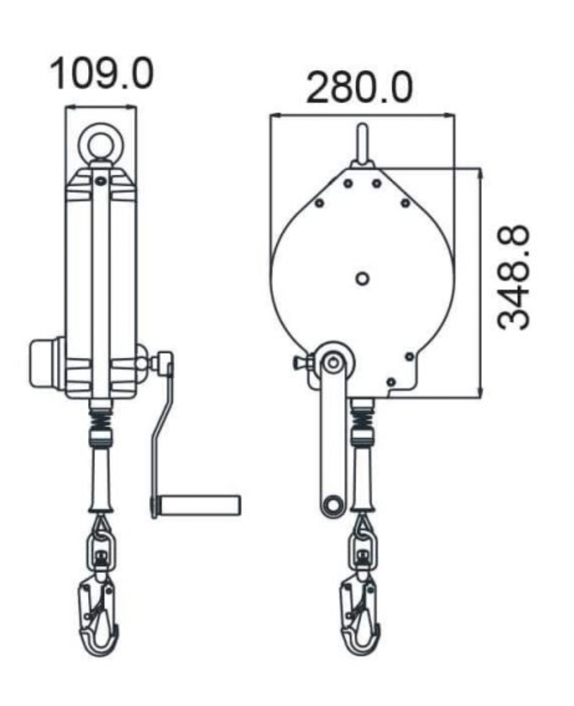 Dimensions of 30m Olympe Wire Rope Fall Arrest Block c/w Integrated Recovery System