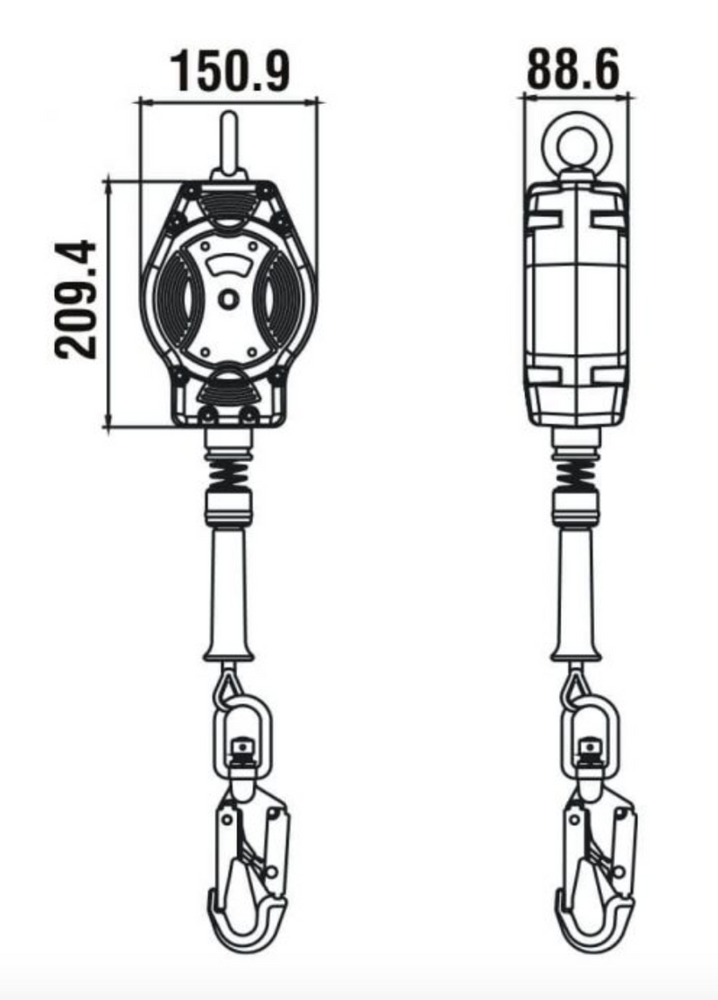 Dimensions of 7m Helixon-S Retractable Wire Rope Fall Arrest Block