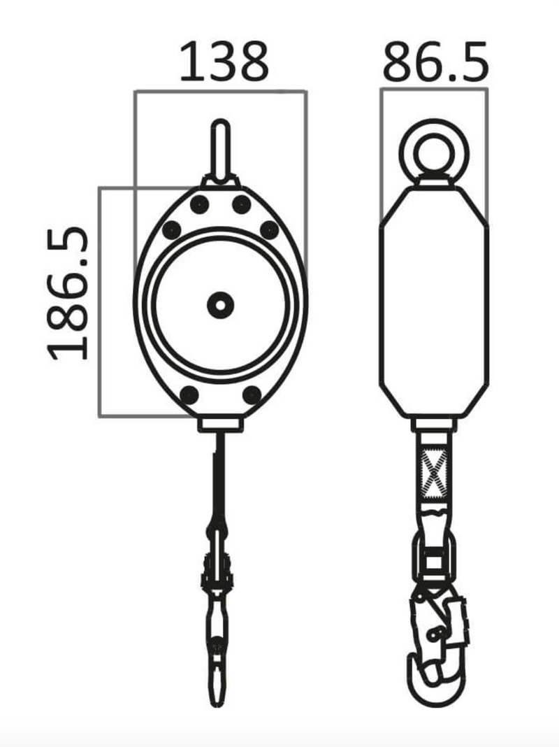 Dimensions of 6m Olympe-S Retractable Webbing Fall Arrest Block