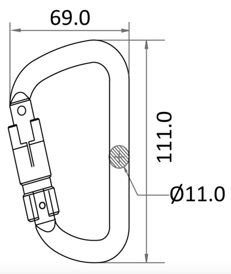 Dimensions for Aluminium Triple Action Locking Karabiner