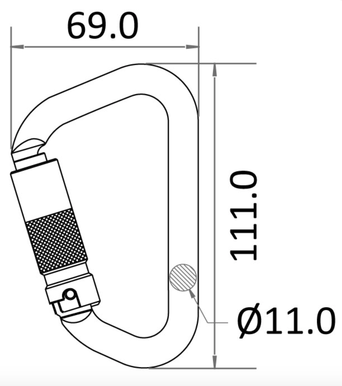 Dimensions for Aluminium Triple Action Locking Keylock Karabiner