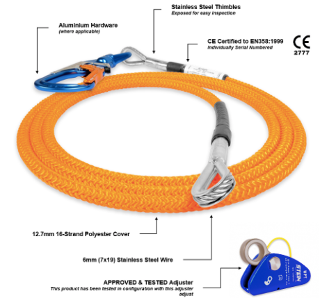 STEIN - Wire Core Work Positioning Lanyard - No Hardware - Assorted Lengths 3.0m & 5.0m